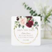 Elegante Burgundy Blush Bloemrijke Gouden Pensioen Save The Date (Staand voorkant)