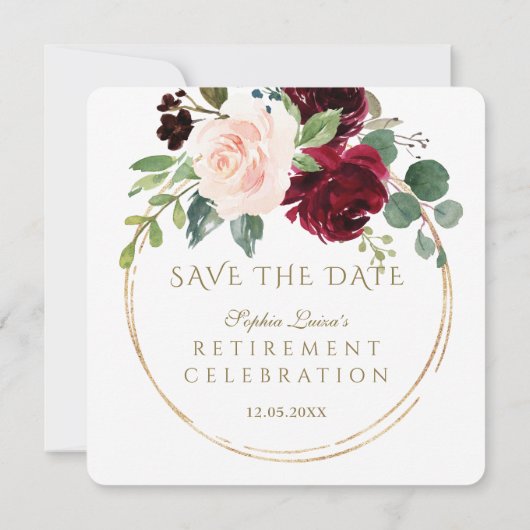 Elegante Burgundy Blush Bloemrijke Gouden Pensioen Save The Date (Achterkant)