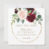 Elegante Burgundy Blush Bloemrijke Gouden Pensioen Save The Date (Voorkant)