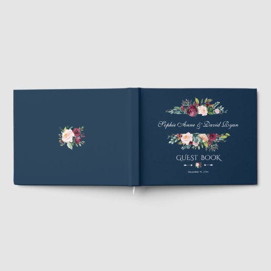 Elegante Burgundy Blush Bloemrijke Navy Blauwe Tro Gastenboek (Volledig)