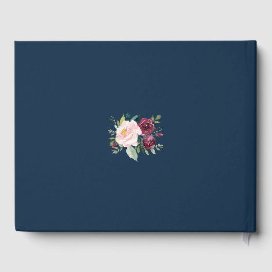 Elegante Burgundy Blush Bloemrijke Navy Blauwe Tro Gastenboek (Achterkant)