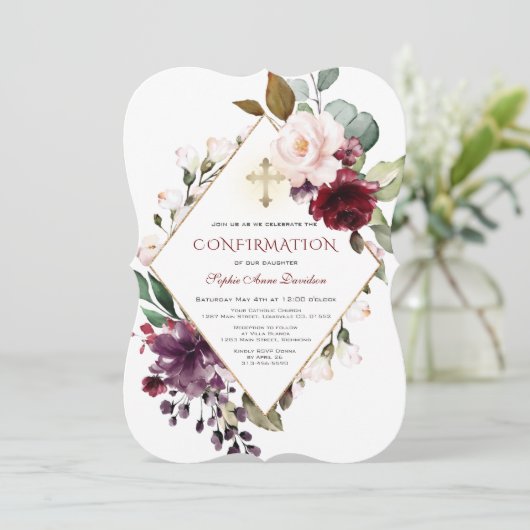 Elegante Burgundy Blush Bloemstuk Kruis Bevestigin Kaart (Staand voorkant)