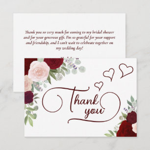 Elegante Burgundy & Blush Boho Rozen Bruidsdouche Bedankkaart