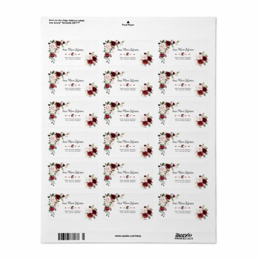 Elegante Burgundy Blush Cream Bloemen Bruiloft Etiket (Full Sheet)