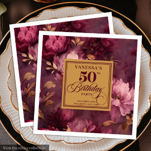 Elegante Burgundy Blush Gouden Rozen 50ste Verjaar Servet
