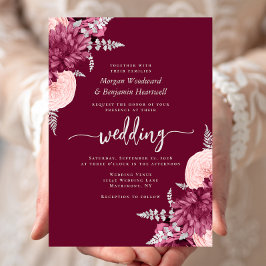 Elegante Burgundy Blush Zilveren Bloemen Bruiloft Kaart