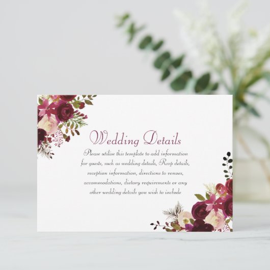 Elegante Burgundy Boho Bruiloftsreceptie Details Kaart (Staand voorkant)