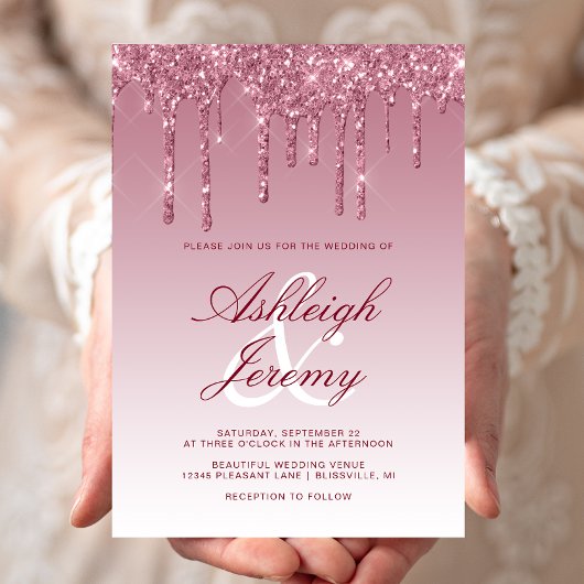 Elegante Burgundy Druppelende Glitter Script Bruil Kaart