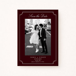 Elegante Burgundy Dubbel Kader Foto Save the Date Bedankkaart