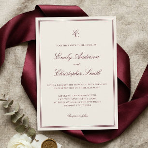 Elegante Burgundy en Crème Klassieke Trouwdag Kaart