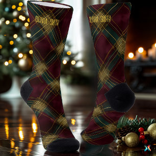 Elegante Burgundy en Goud Kerstmis Plaid Custom Sokken