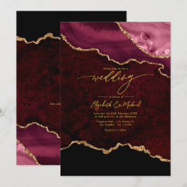 Elegante Burgundy en Gouden Agaat Huwelijks QR Cod Kaart