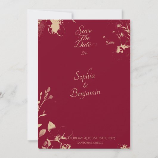 Elegante Burgundy en Gouden Bloemen Save the Date Kaart (Voorkant)