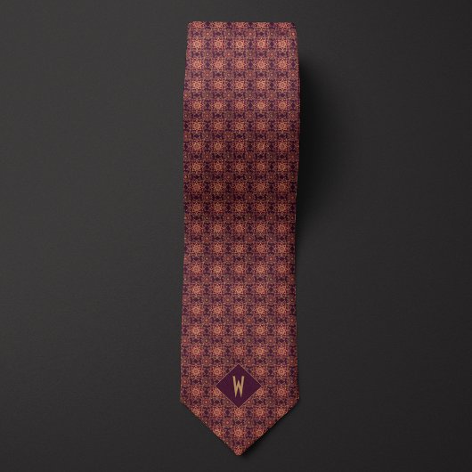 Elegante burgundy en gouden mandala-monogram stropdas
