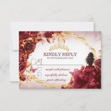 Elegante Burgundy en gouden rozen Quinceañera RSVP