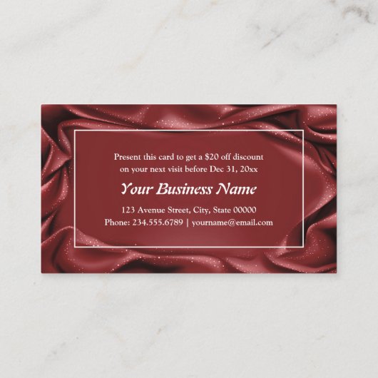 Elegante Burgundy Fluwelen Witte Frame Make-up Art Kortingskaartje (Achterkant)