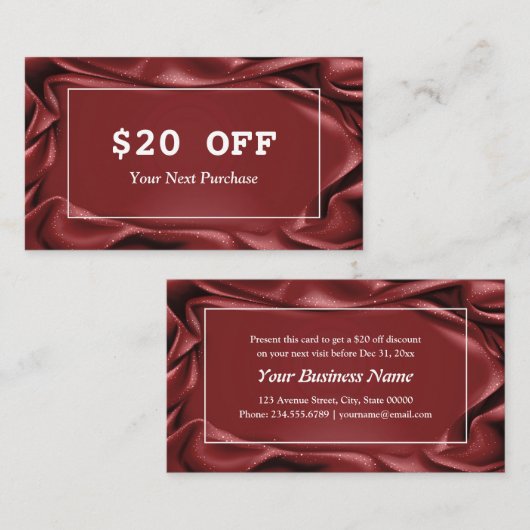 Elegante Burgundy Fluwelen Witte Frame Make-up Art Kortingskaartje (Voorkant / Achterkant)