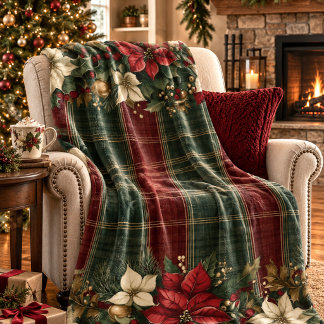 Elegante Burgundy & Geruite Poinsettia Kerstmis Fleece Deken