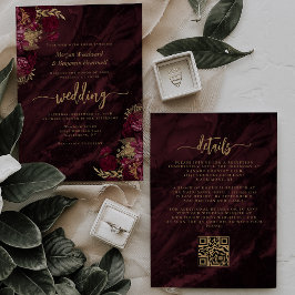 Elegante Burgundy Gouden Bloem QR Code Bruiloft Kaart