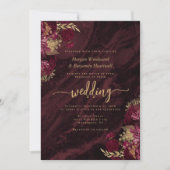 Elegante Burgundy Gouden Bloem QR Code Bruiloft Kaart (Voorkant)