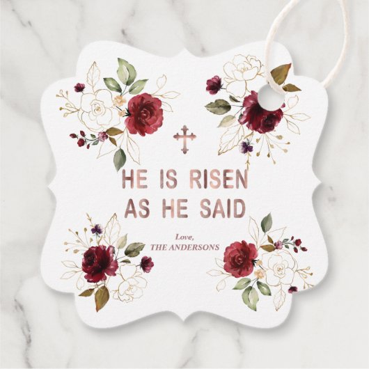 Elegante Burgundy Gouden Bloemen Hij Is Opgestaan  Bedankjes Labels (Achterkant)