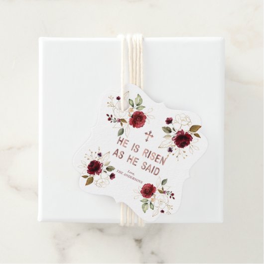 Elegante Burgundy Gouden Bloemen Hij Is Opgestaan  Bedankjes Labels (In situ)