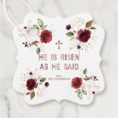 Elegante Burgundy Gouden Bloemen Hij Is Opgestaan  Bedankjes Labels (Voorkant)