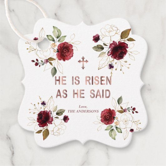 Elegante Burgundy Gouden Bloemen Hij Is Opgestaan Bedankjes Labels (Voorkant)