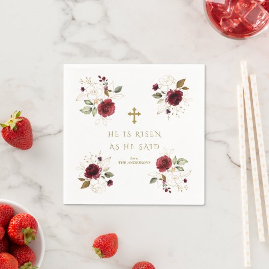 Elegante Burgundy Gouden Bloemen Hij Is Opgestaan Servet (Insitu)