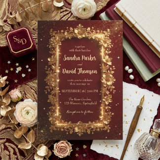 Elegante Burgundy & Gouden Bloemrijke Lijst Huweli Kaart