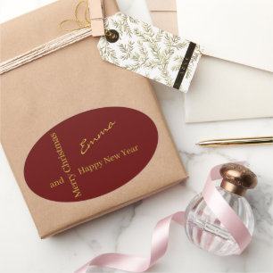 Elegante Burgundy Gouden Kerststicker Aangepast Ovale Sticker