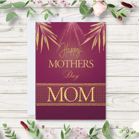 Elegante Burgundy Gouden Palmblad Moederdag Tafelk Kaart