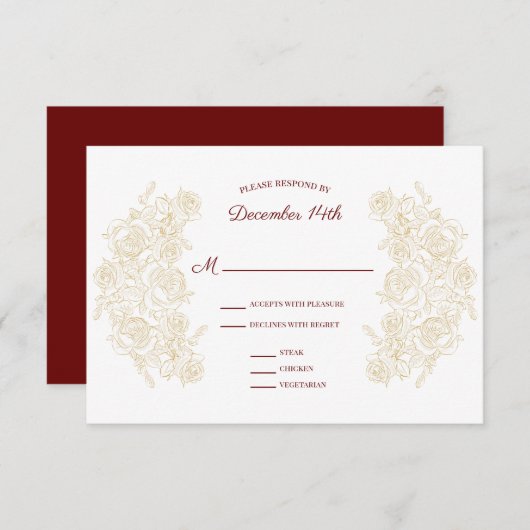 Elegante burgundy & gouden rozen RSVP kaartje (Voorkant / Achterkant)