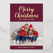Elegante Burgundy Gouden Script Kerst Foto Folie Feestdagenkaart (Voorkant)