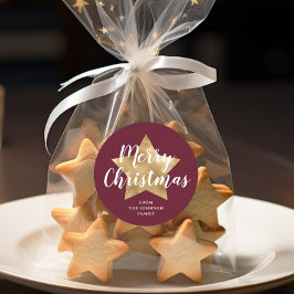 Elegante Burgundy Gouden Ster Prettig Kerstfeest Ronde Sticker