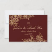Elegante Burgundy & Gouden Tuin Bloem Bruiloft Bedankkaart (Voorkant)