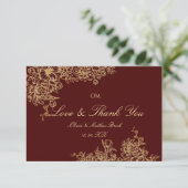 Elegante Burgundy & Gouden Tuin Bloem Bruiloft Bedankkaart (Staand voorkant)