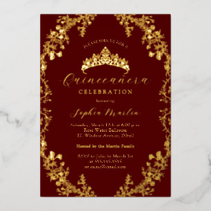 Elegante Burgundy Gouden Vintage Quinceanera Folie Uitnodiging