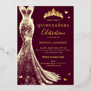 Elegante Burgundy Gouden Vlinder Quinceanera Folie Uitnodiging
