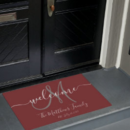 Elegante Burgundy Grey Monogram Script Naam Bruilo Deurmat