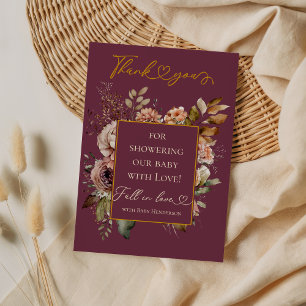 Elegante Burgundy Herfst Bloemige Baby Shower Bedankkaart