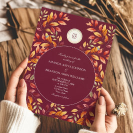 Elegante Burgundy Herfstbladeren Bruiloft Kaart