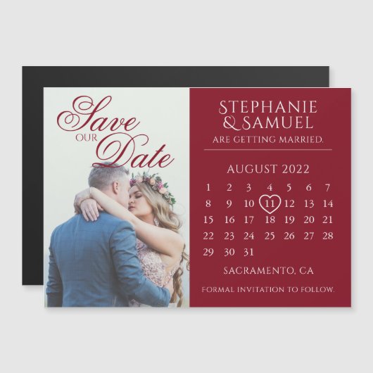 Elegante Burgundy Huwelijkskalender Save the Date Magnetische Uitnodiging (Voorkant / Achterkant)