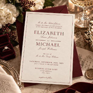 Elegante Burgundy Ivoor Klassieke Script Bruiloft Kaart