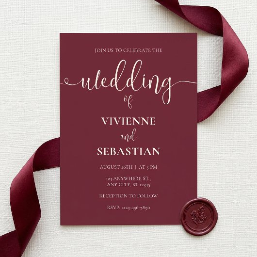 Elegante Burgundy Ivoor Script Minimalistische Tro Kaart