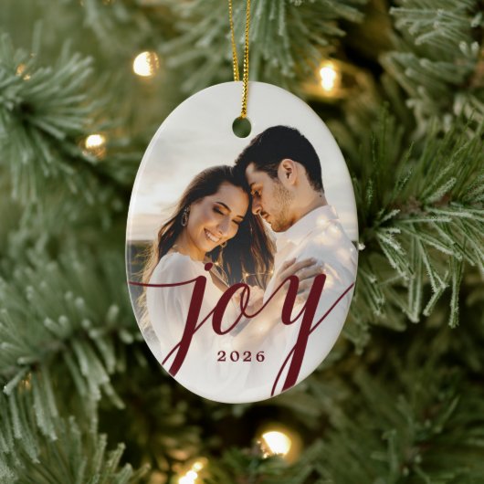 Elegante Burgundy Joy Script Foto Kerst  Keramisch Ornament (Boom)