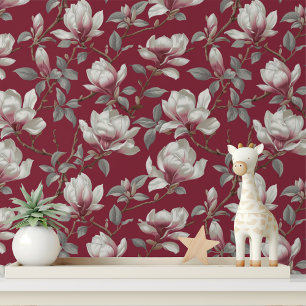Elegante Burgundy Magnolia Peel en Stick Behang