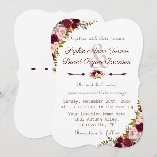 Elegante Burgundy Marsala Bloemige Trouwdag Kaart (Voorkant / Achterkant)
