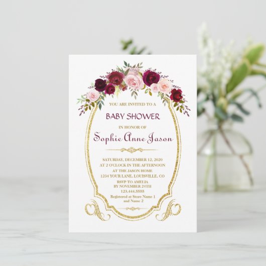 Elegante Burgundy Marsala Bloemrijke Baby Shower i Kaart (Staand voorkant)