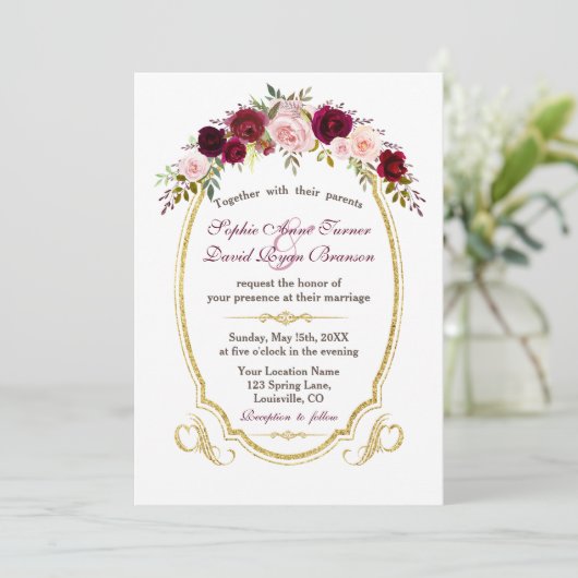 Elegante Burgundy Marsala Bloemrijke Herfst Bruilo Kaart (Staand voorkant)